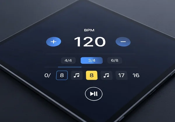 Digital metronome interface showing tempo and subdivisions
