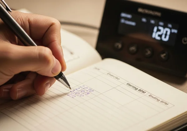 Hand writing in a practice journal, tracking metronome progress