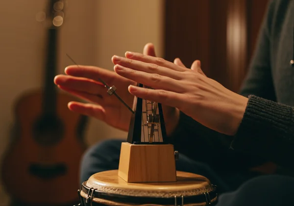Musician practicing rhythm with a metronome, focused