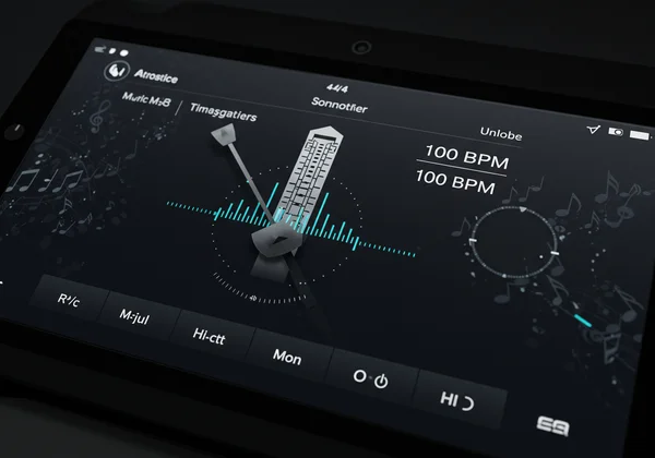Metronome interface showing 4/4 time and BPM settings