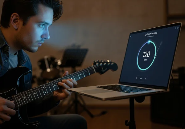 A musician practices with an online metronome for rhythm