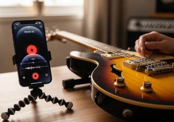 A musician records practice with a phone next to instrument