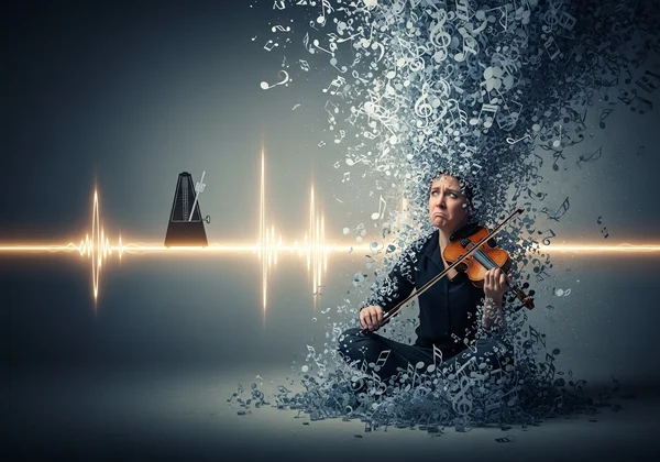 Frustrated musician with inconsistent timing, abstract notes