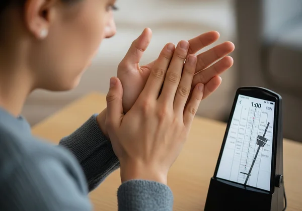 Beginner musician clapping with a metronome for rhythm