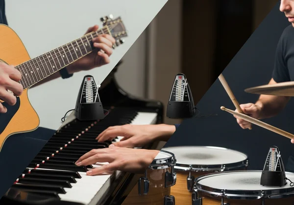 Musicians practicing guitar, piano, drums with a metronome