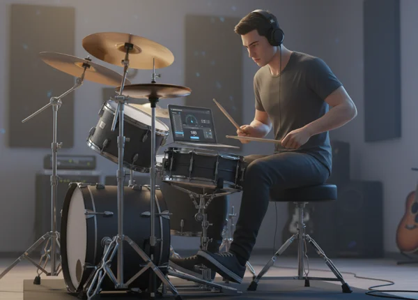 Drummer practicing double bass with online metronome